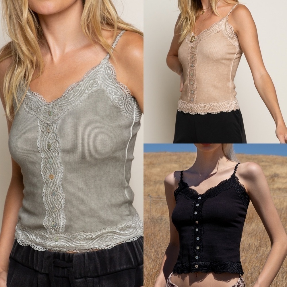 Black, Olive Mocha Lace Trim Spaghetti Strap Tanks